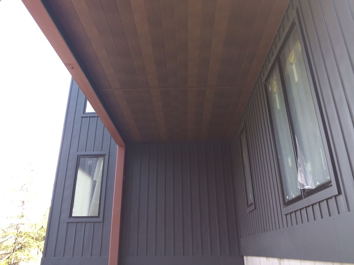 Dark vertical metal siding under a wood-tone soffit
